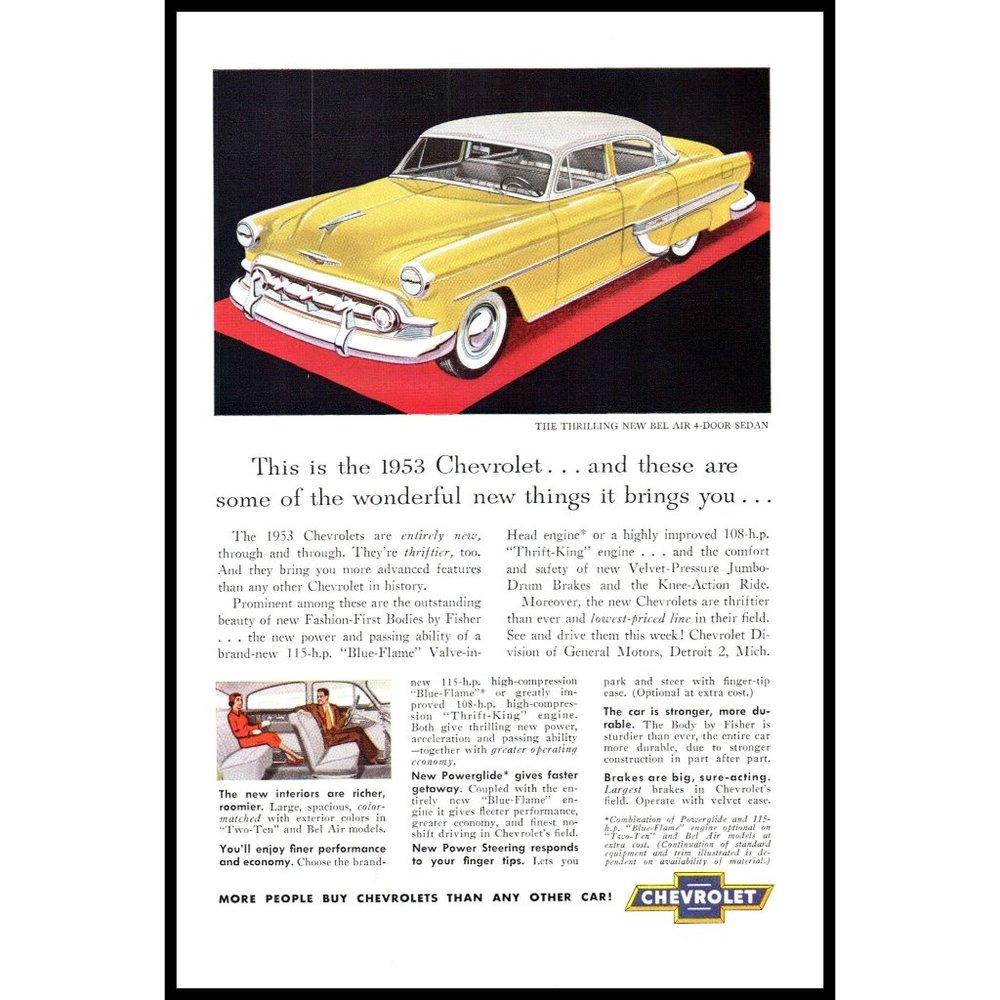 1953 Chevy Bel Air 4 Door Sedan Vintage Print Ad Classic Car Man Cave Wall Art